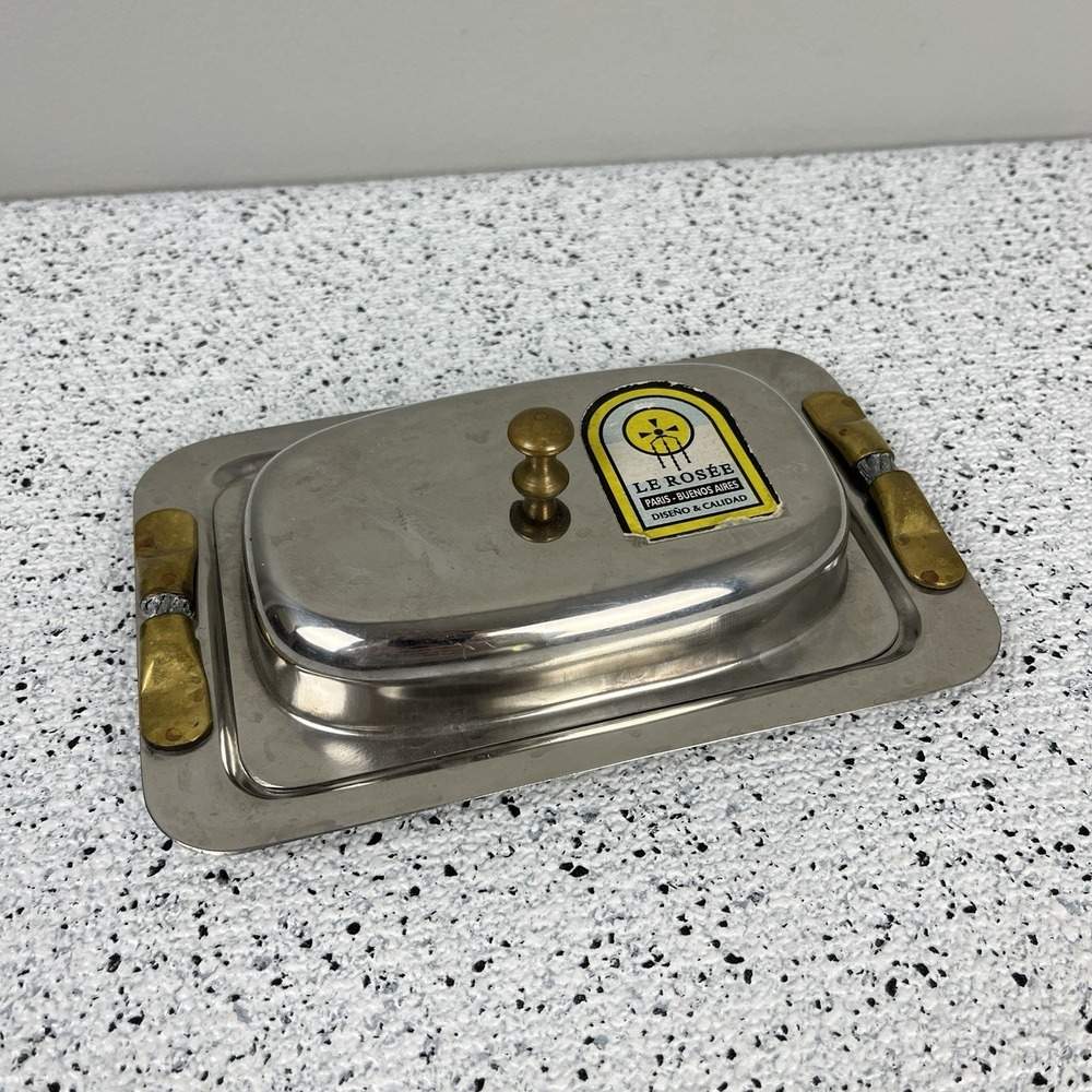 Vintage Le Rosee Covered Metal Butter Dish Brass Stainless Steel Mid Century